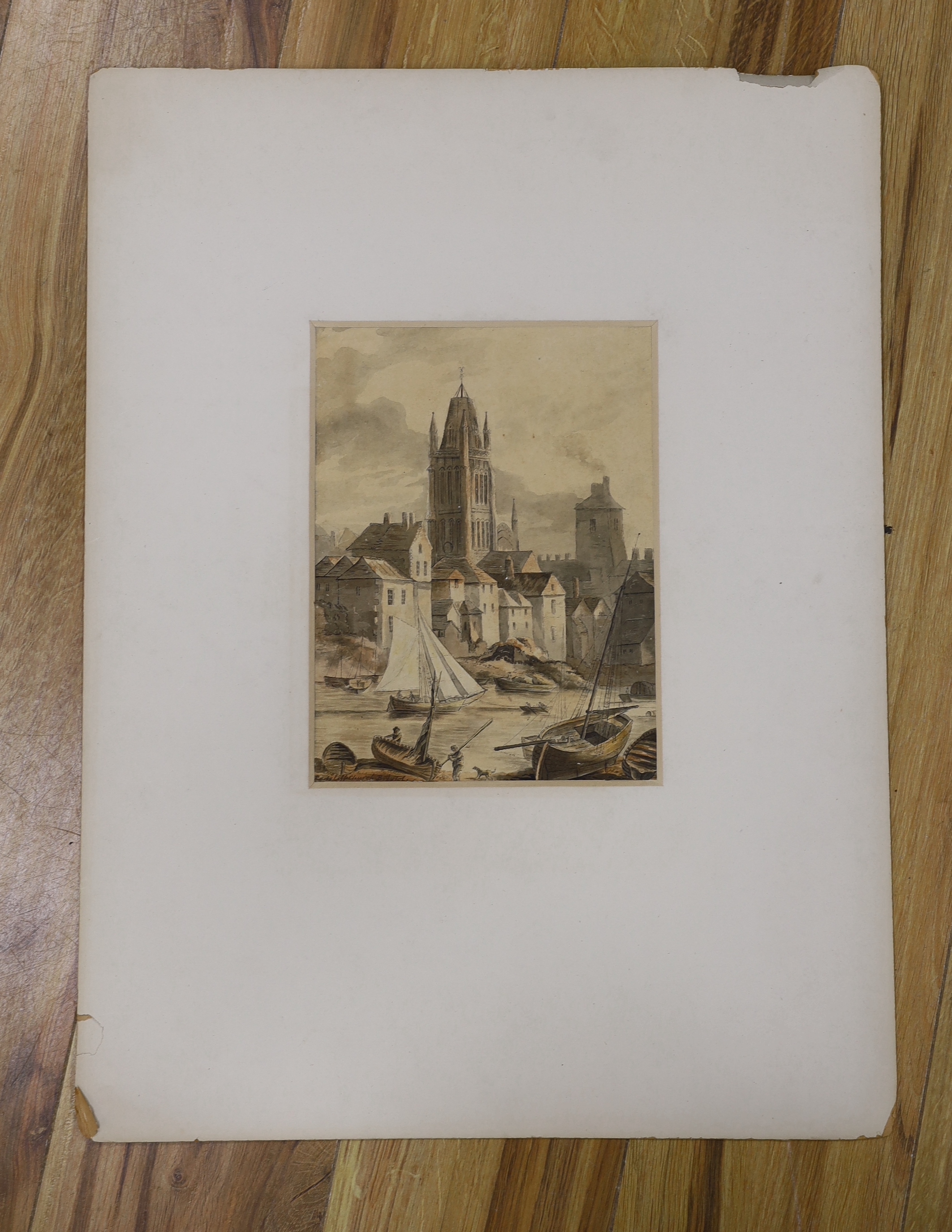 William Fleetwood Varley (1785-1856), ink and watercolour drawing, 'St Mary Church, Redcliffe, Bristol', initialled and titled in ink, inscribed verso, 26 x 19.5cm, unframed